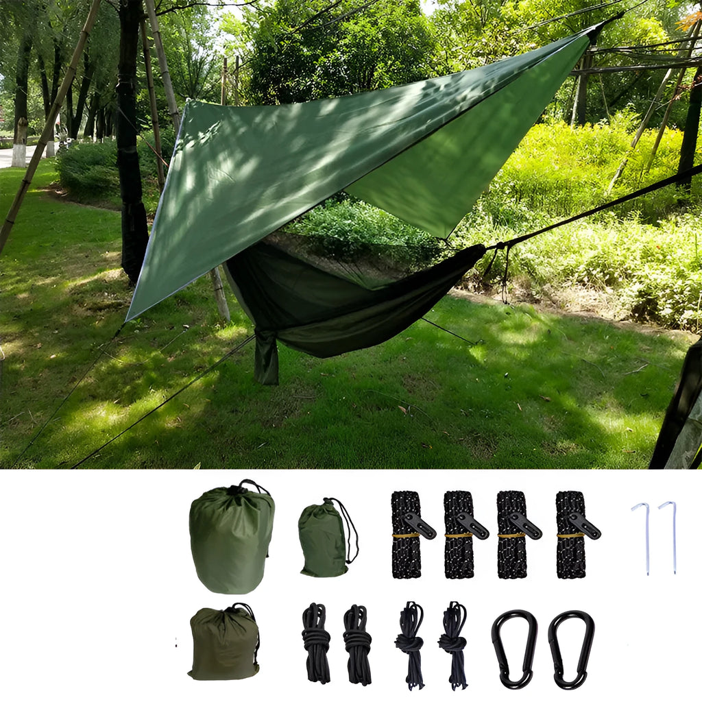 Portable camping hammock with mosquito net and diamond canopy in outdoor setting