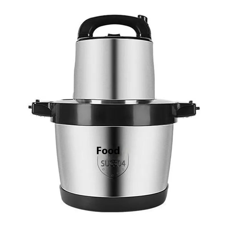 Stainless steel 6L semi-automatic meat grinder with UK plug on kitchen counter