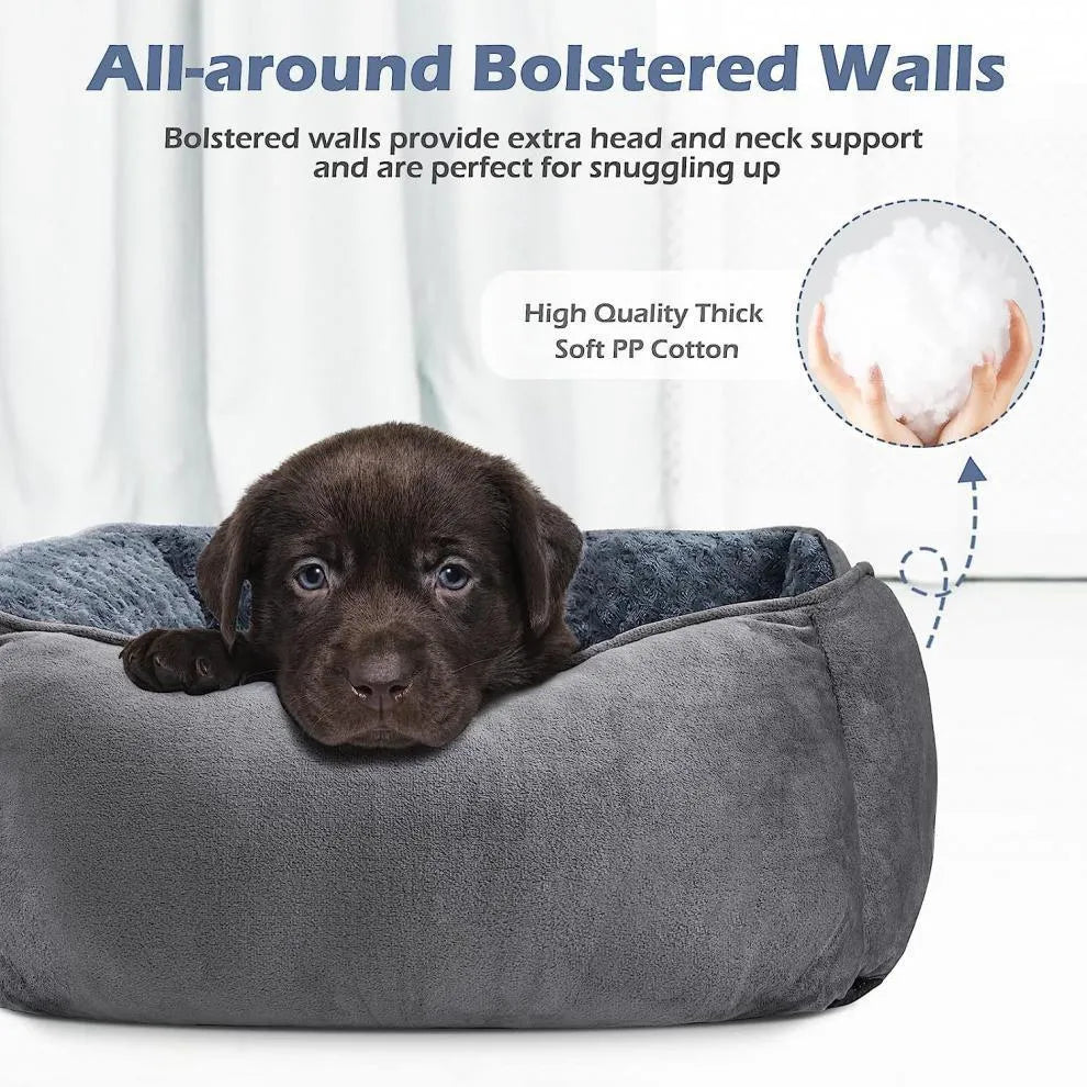 Beige faux fur dog bed with raised stuffed sides and a removable cover, shown in a large size.