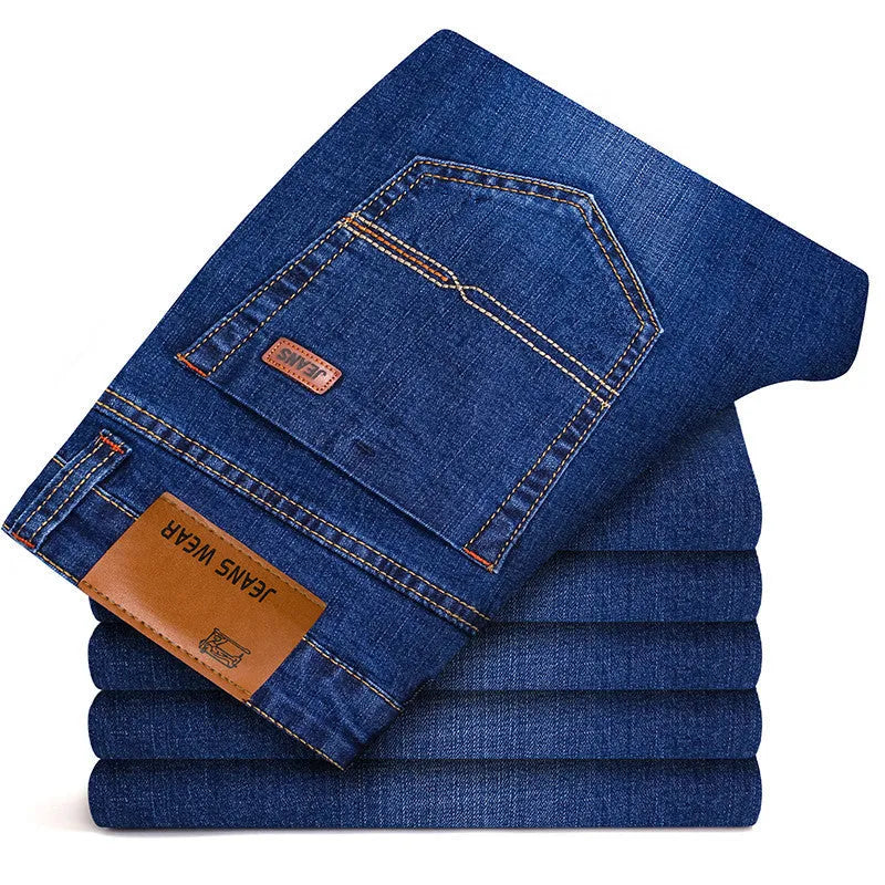 Men's stretch slim straight business casual jeans in blue cotton denim, available in sizes 28 to 40