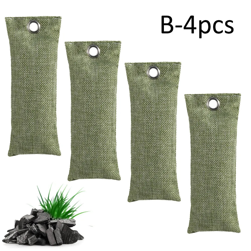 Black linen bag filled with bamboo charcoal for shoe and household odour removal.