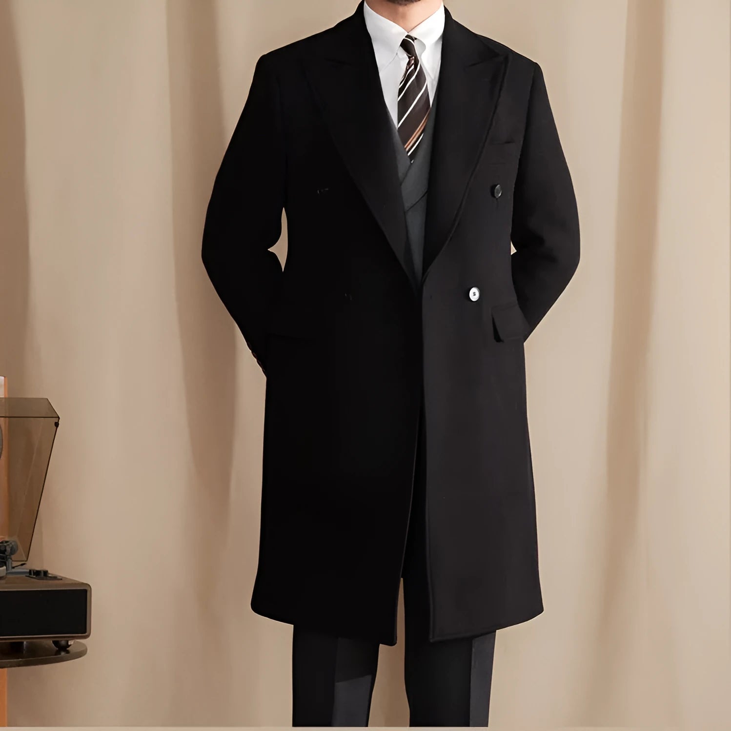 Men's mid-length double-breasted thermal jacket in black with suit collar and sanding finish