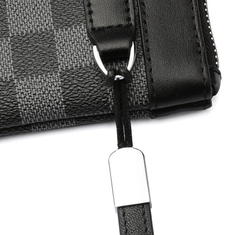 Men's black leather clutch wallet showing 20x10cm size and genuine cowhide material.