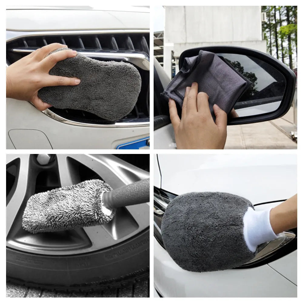 9-piece car cleaning cloth and sponge set with waxing and wheel hub brushes in gray, orange, and variegated colours