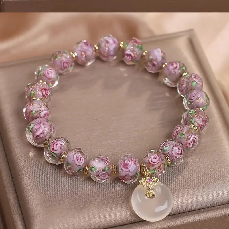 Purple glass bracelet for women with peace buckle and flower charm, sweet style travel gift