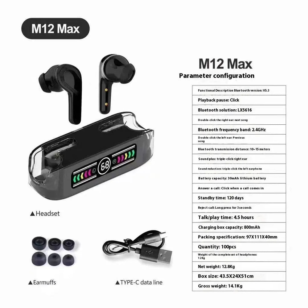 M12 MAX wireless Bluetooth in-ear headset with digital display, shown in black, white, orange red and green