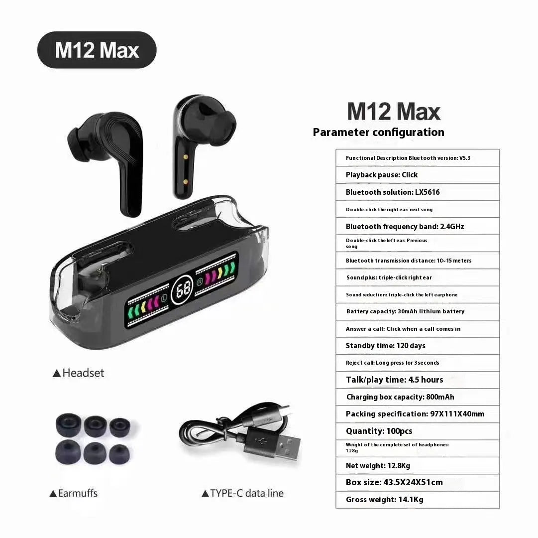 M12 MAX wireless Bluetooth in-ear headset with digital display, shown in black, white, orange red and green