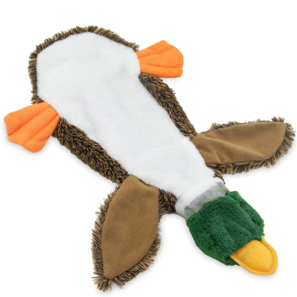 Green Wild Duck stuffless plush dog toy with squeakers and a cavity for a bottle.