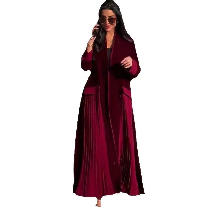 Women's pleated stitching coat in wine red, long sleeves, polyester fabric, street hipster style, front view.