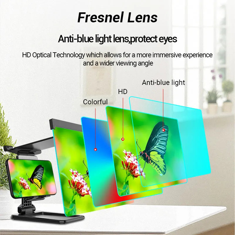 Black folding mobile phone screen magnifier with detachable holder next to an iPhone.