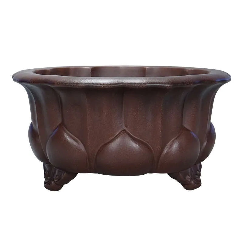 Square purple-red antique Petal Basin flowerpot for bonsai plants on a surface.