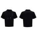 Men's dark grey cotton sports suit with V-neck short-sleeve jacket, padded shoulders, metal embellishments, and matching shorts.
