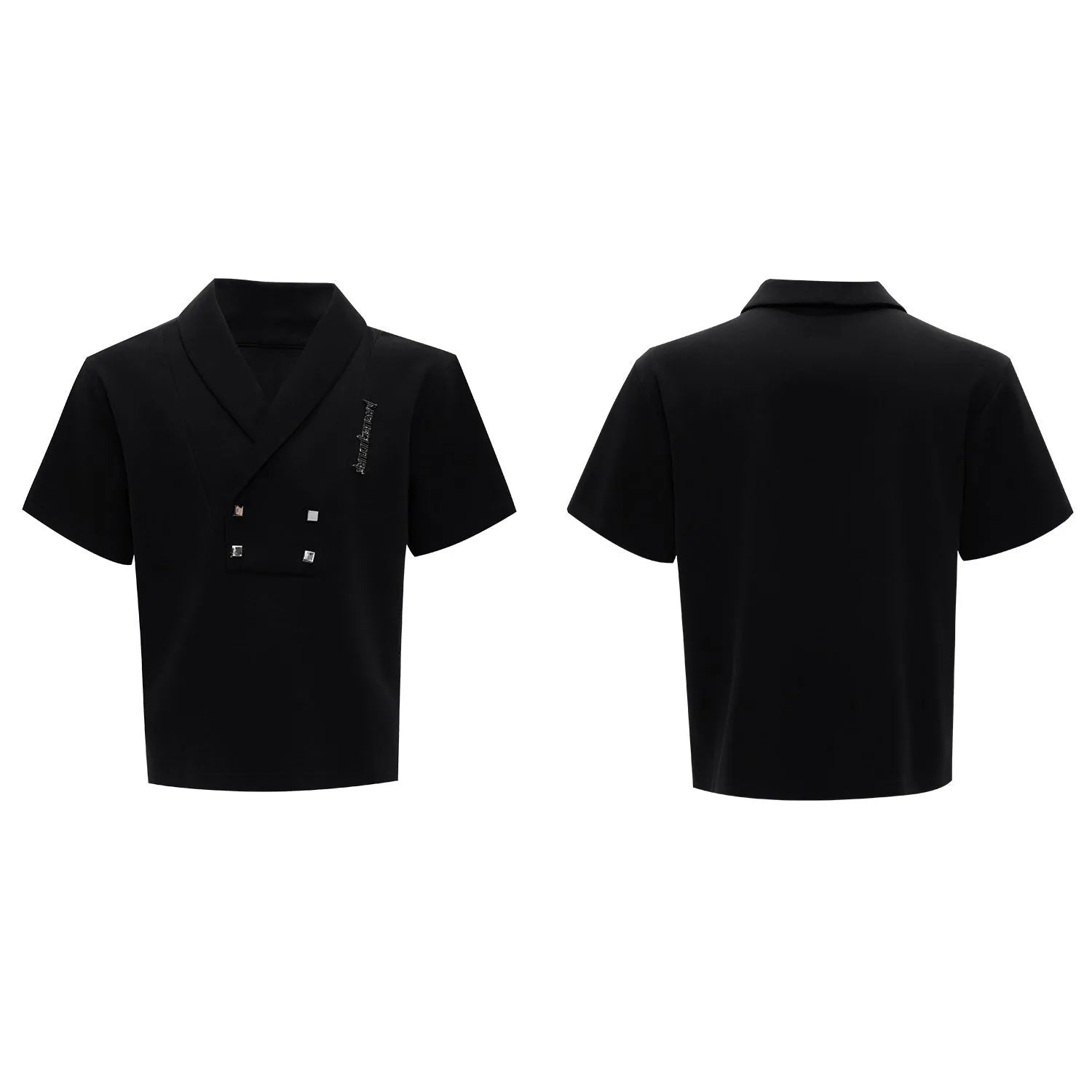 Men's dark grey cotton sports suit with V-neck short-sleeve jacket, padded shoulders, metal embellishments, and matching shorts.