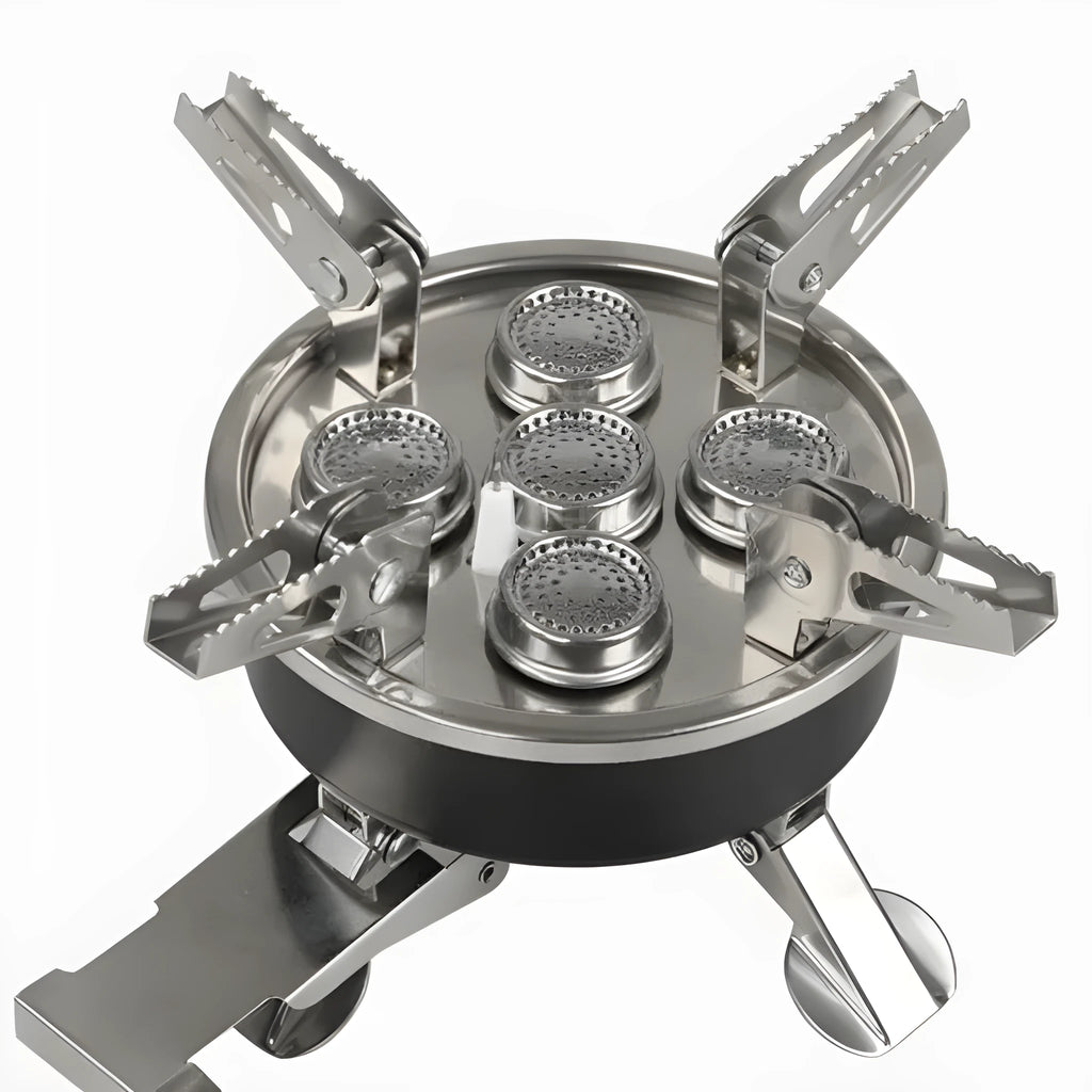 Silver portable foldable stainless steel split stove for outdoor camping and picnics.