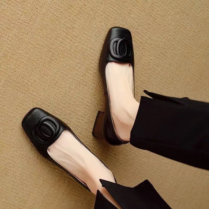 Women's microfiber flat pumps with mid chunky heel, square toe and buckle, light brown or black, sizes 35-40.
