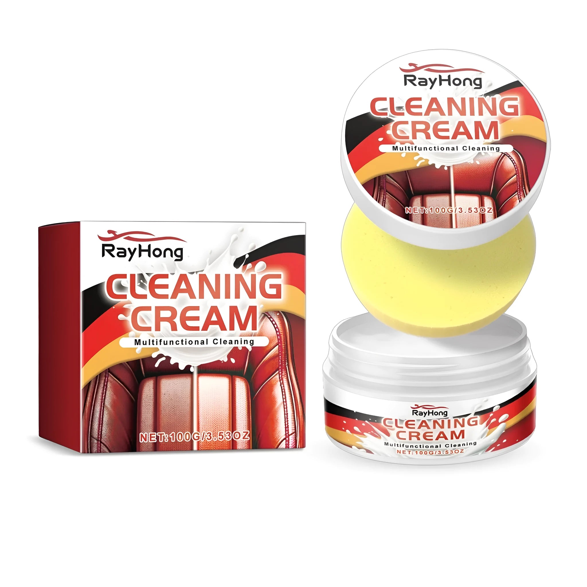100g automotive leather care cream bottle and application sponge for car interior maintenance.