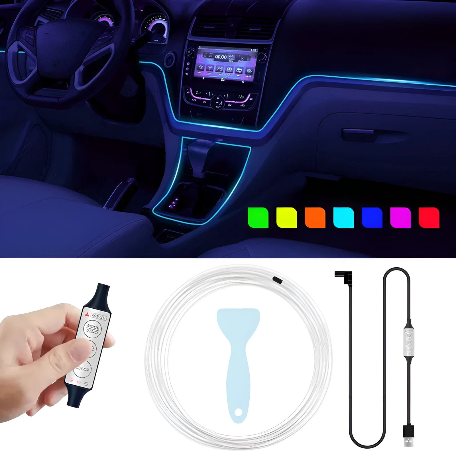 Car USB RGB LED light strip with integrated optical fibre and manual controller for colour selection