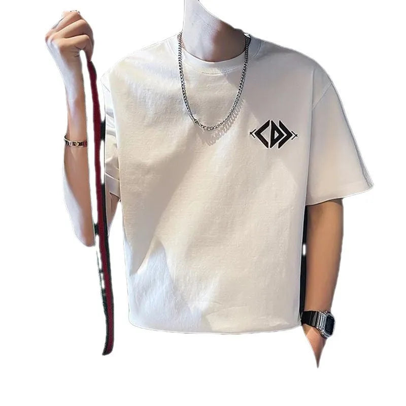 Men's summer heavy cotton loose pullover bottoming shirt in black and white colours