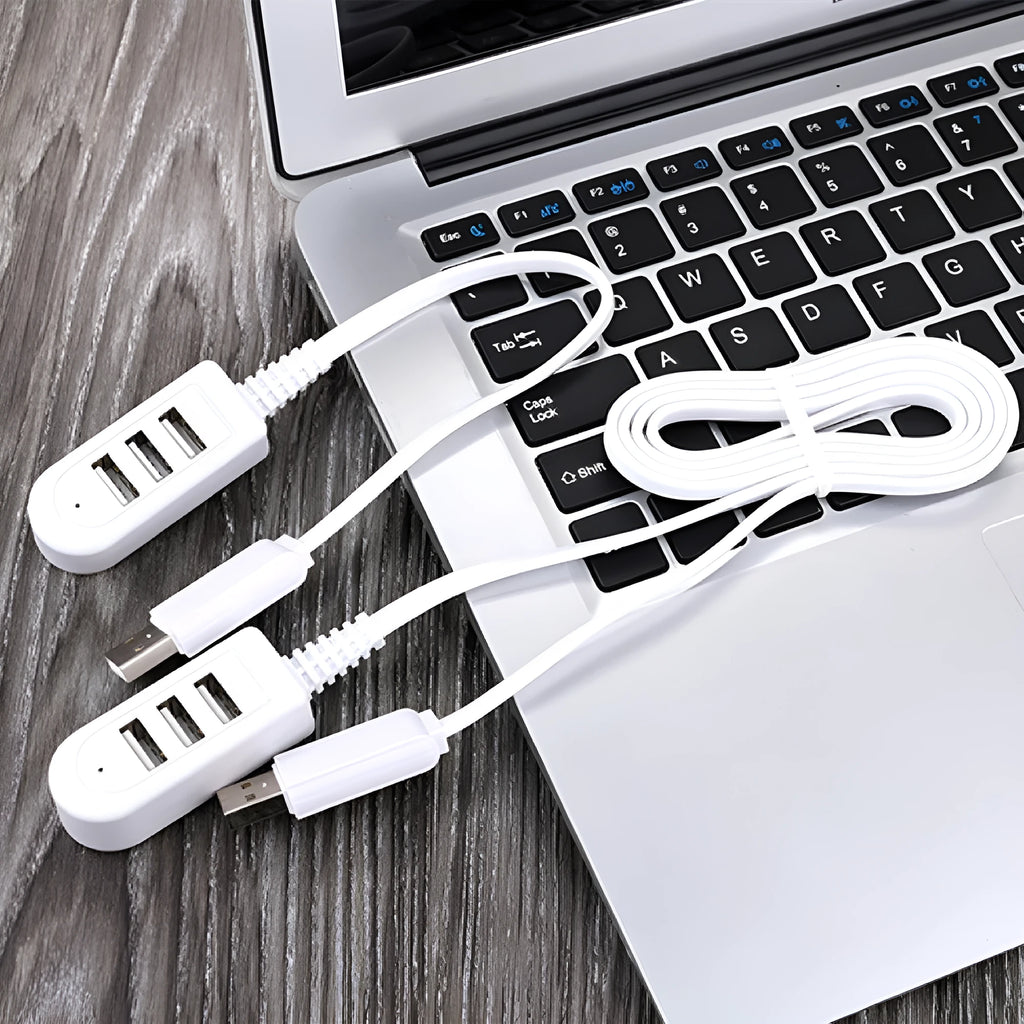 Cable separator hub with 3 USB ports and Micro USB interface on a desk