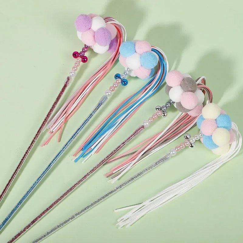 Acrylic cat fairy rod toy with colourful stripes, blue colour option, on white background