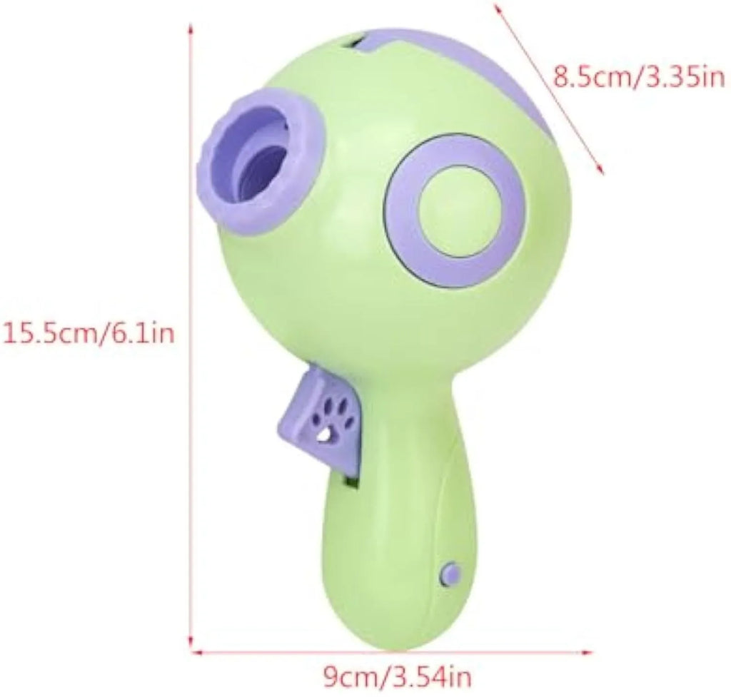 Green, orange, and pink manual dog treat launcher toy for interactive play and slow feeding.