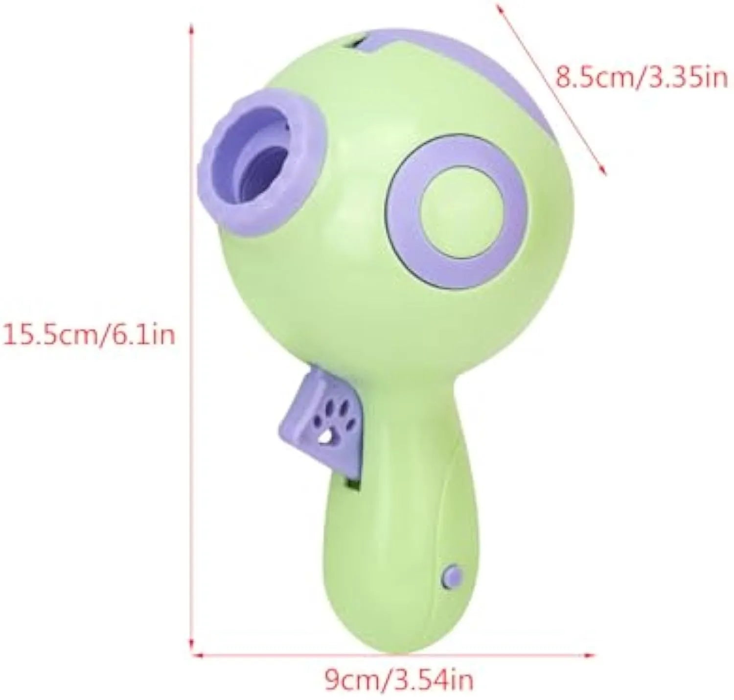 Green, orange, and pink manual dog treat launcher toy for interactive play and slow feeding.