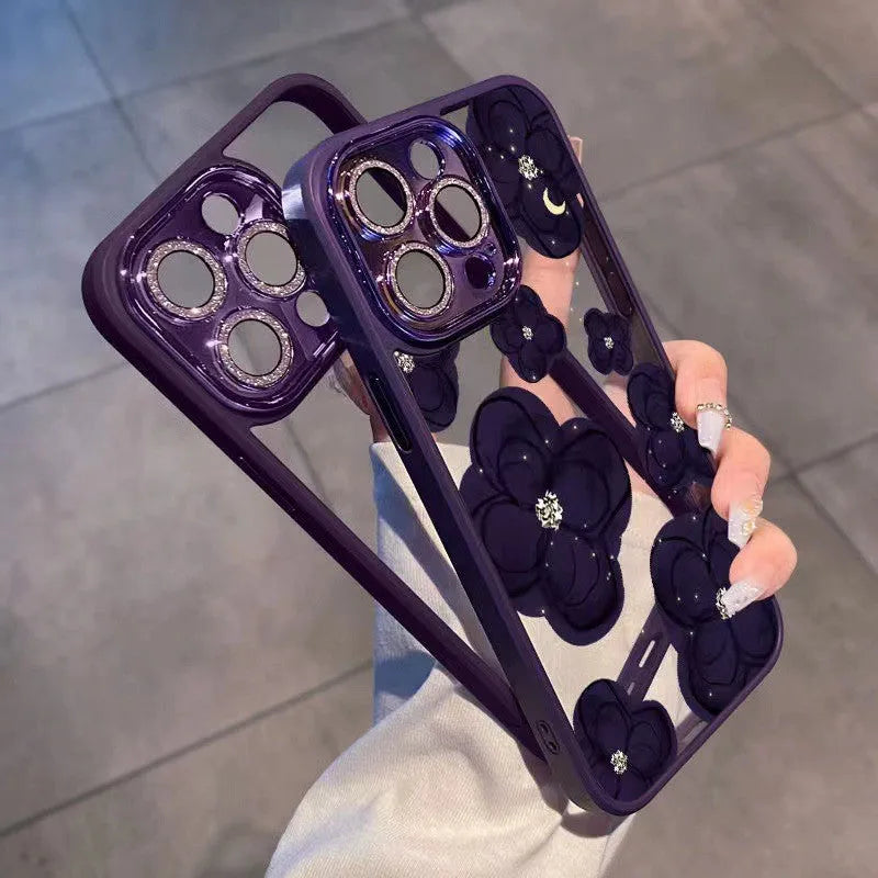 Dark purple camellia phone case with rhinestone lens protector for Apple iPhone