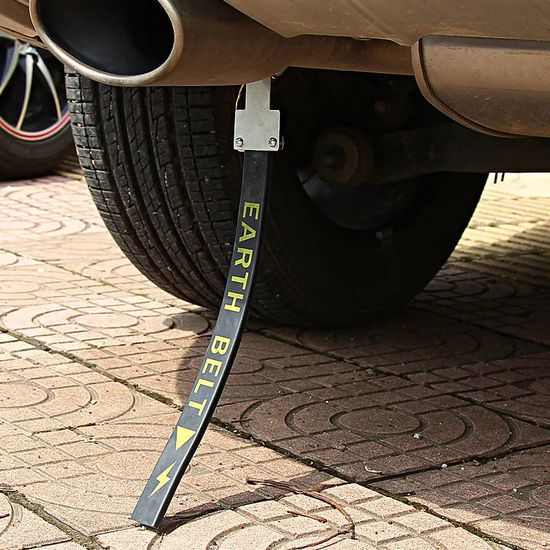 Black rubber vehicle electrostatic grounding strap, 37cm long, for preventing static shocks on cars and vans.