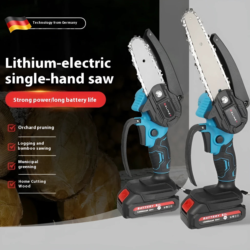 6-inch rechargeable lithium chainsaw with dual battery and plastic storage box against white background