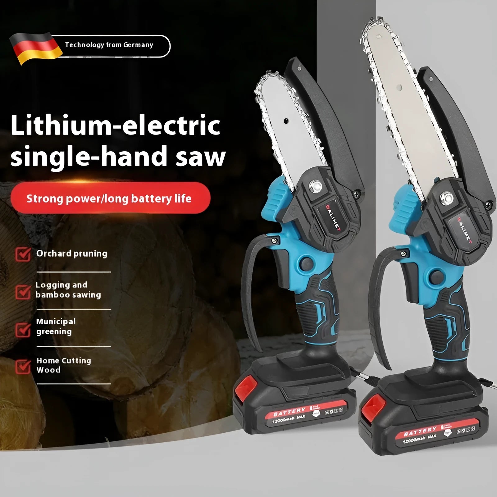 6-inch rechargeable lithium chainsaw with dual battery and plastic storage box against white background