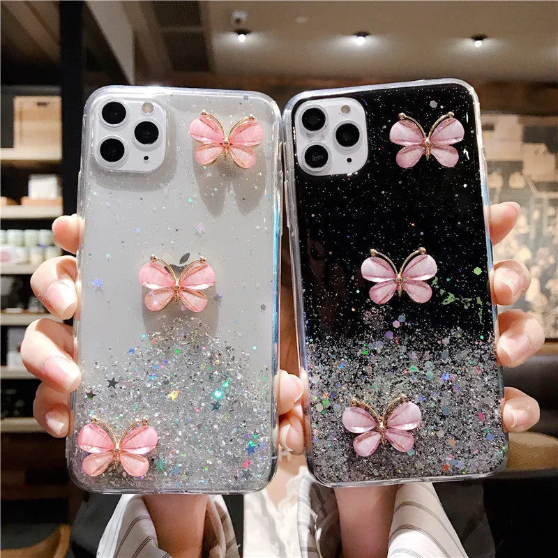 Fashion butterfly glitter starry sky TPU phone case with drop protection, transparent pink back cover for iPhone
