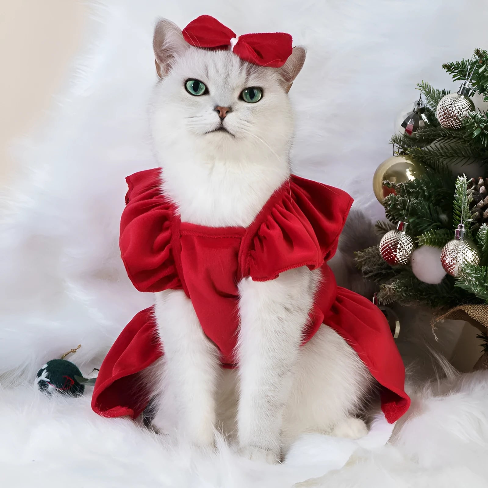Red velvet pet Christmas dress with matching headdress flower for small to large dogs