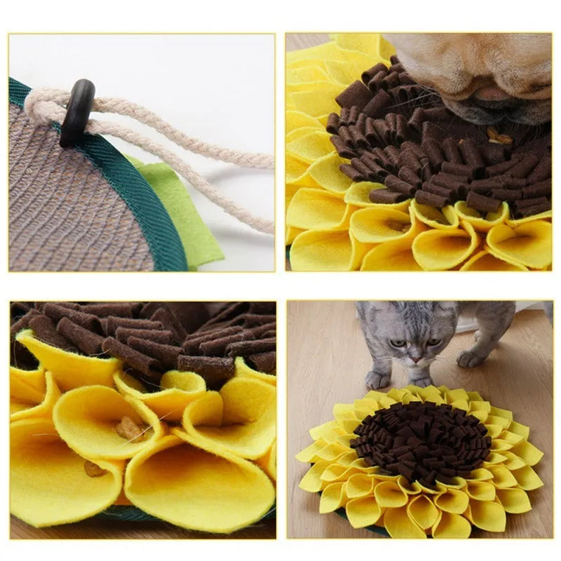 Yellow sunflower pattern dog snuffle mat with rope buckle for slow feeding and nosework games
