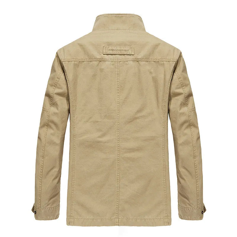 Men's mid-length loose cotton washed jacket in khaki, long-sleeved solid colour casual coat