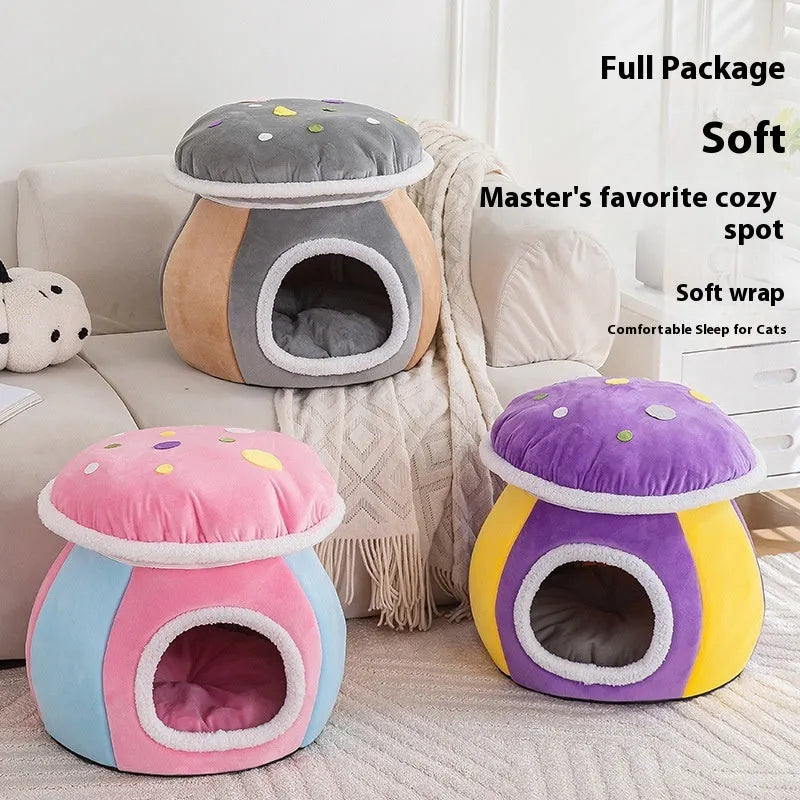Grey mushroom-shaped plush cat nest with a round entrance, showing thick thermal lining and a separate blanket.
