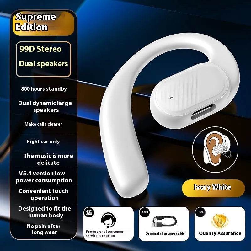 Unilateral ear-mounted Bluetooth headset in black or ivory white with dual speakers and Smart Touch.