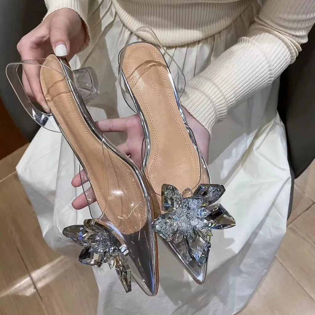 Women's transparent crystal flower high heels with pointed toe and microfiber construction