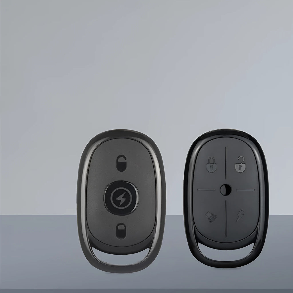 Black ABS plastic wireless car remote control key fob with buttons, shown next to a CR2032 battery.