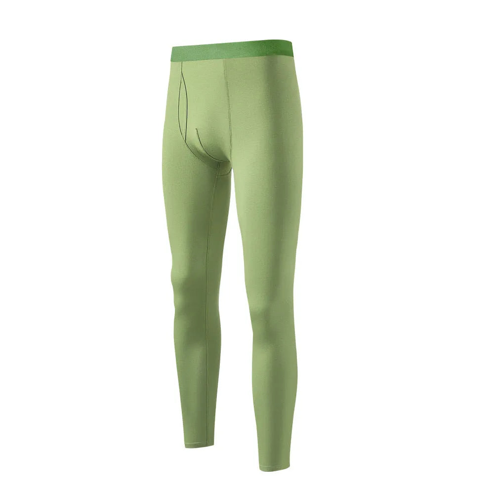 Men's seamless thermal cotton leggings in olive green, size L, flat lay showing smooth fabric and elastic waistband