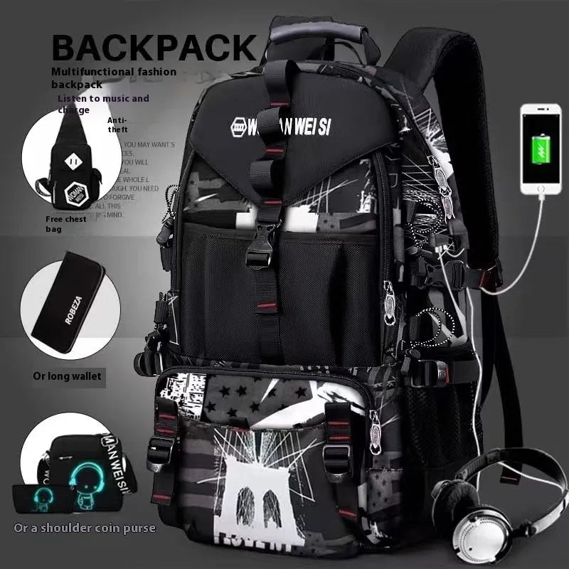 Men's large waterproof Oxford cloth hiking backpack in camouflage colour with chest bag.
