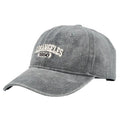 Retro personalised peaked cap with distressed embroidery on conical crown in adjustable adult size