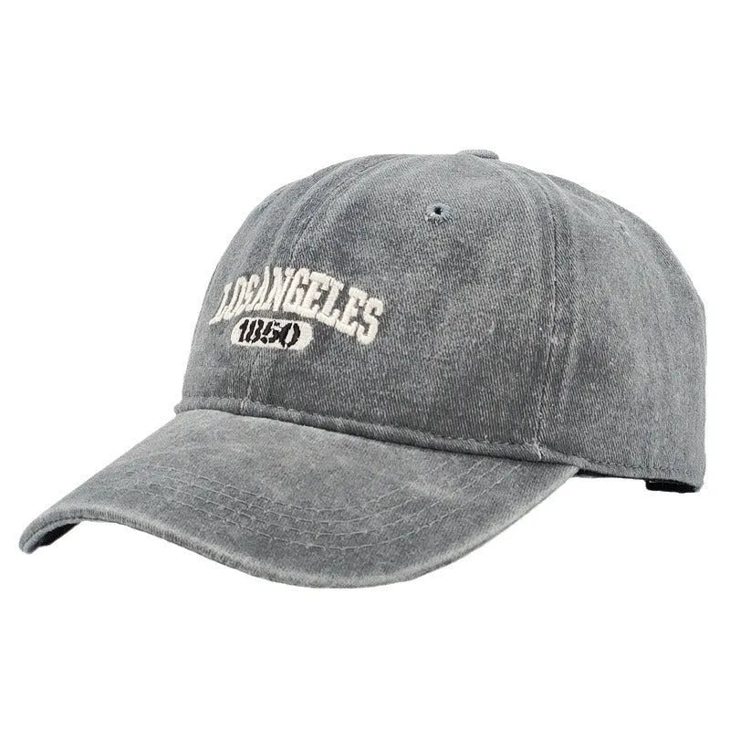 Retro personalised peaked cap with distressed embroidery on conical crown in adjustable adult size