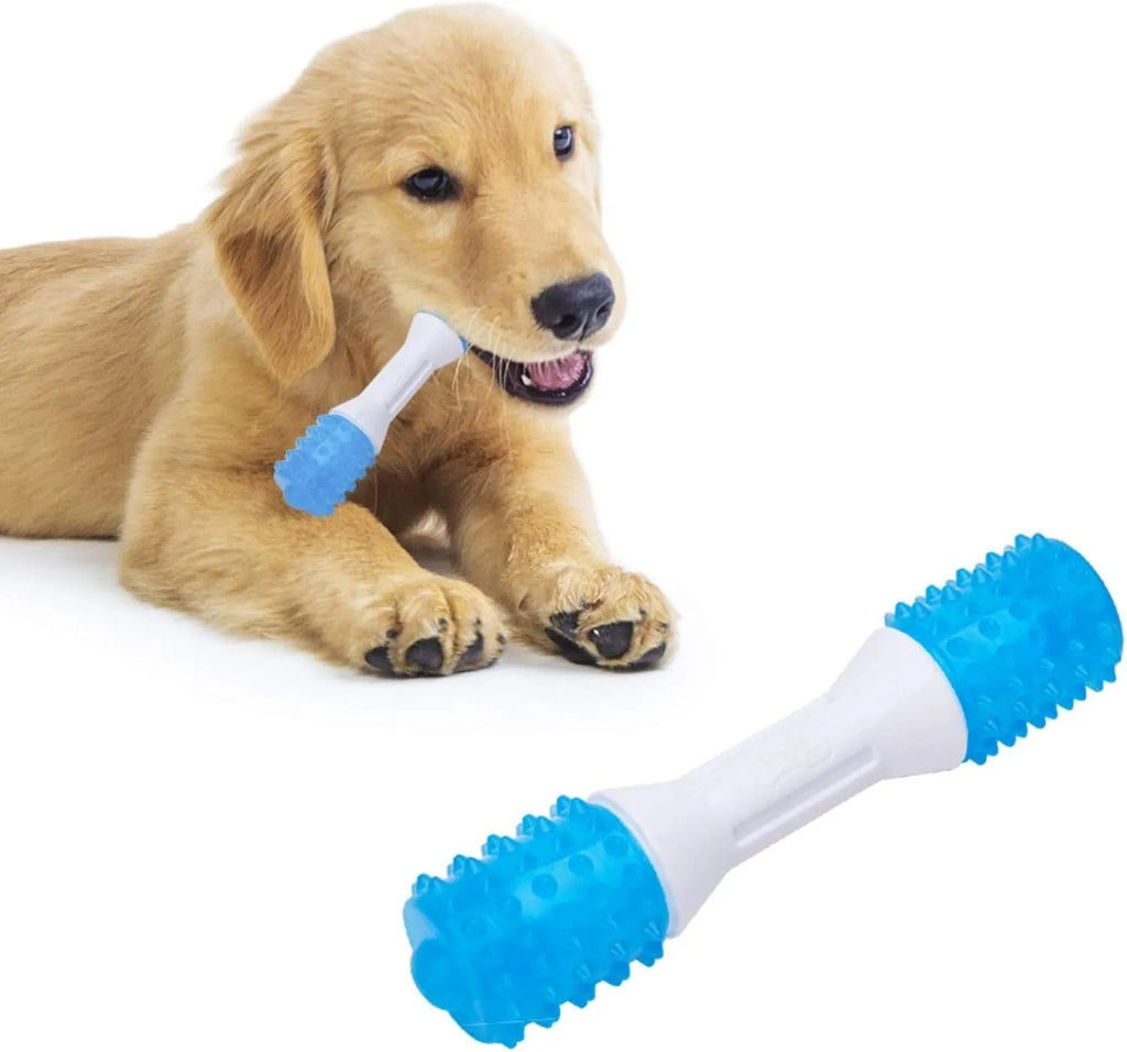 Dual-colour rubber puppy teething chew toy for dogs aged 2 to 8 months, shown in small, medium, and large sizes.