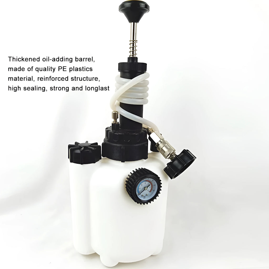 White 3-litre plastic brake fluid tank with copper and iron pump fittings for automotive service.