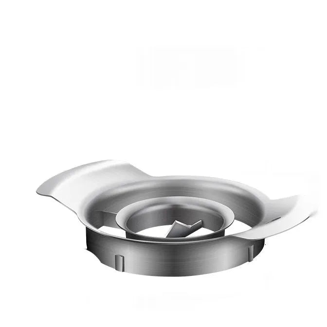 Stainless steel pomegranate fruit opener tool with optional bowl and wooden hammer on a kitchen counter.