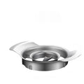 Stainless steel pomegranate fruit opener tool with optional bowl and wooden hammer on a kitchen counter.