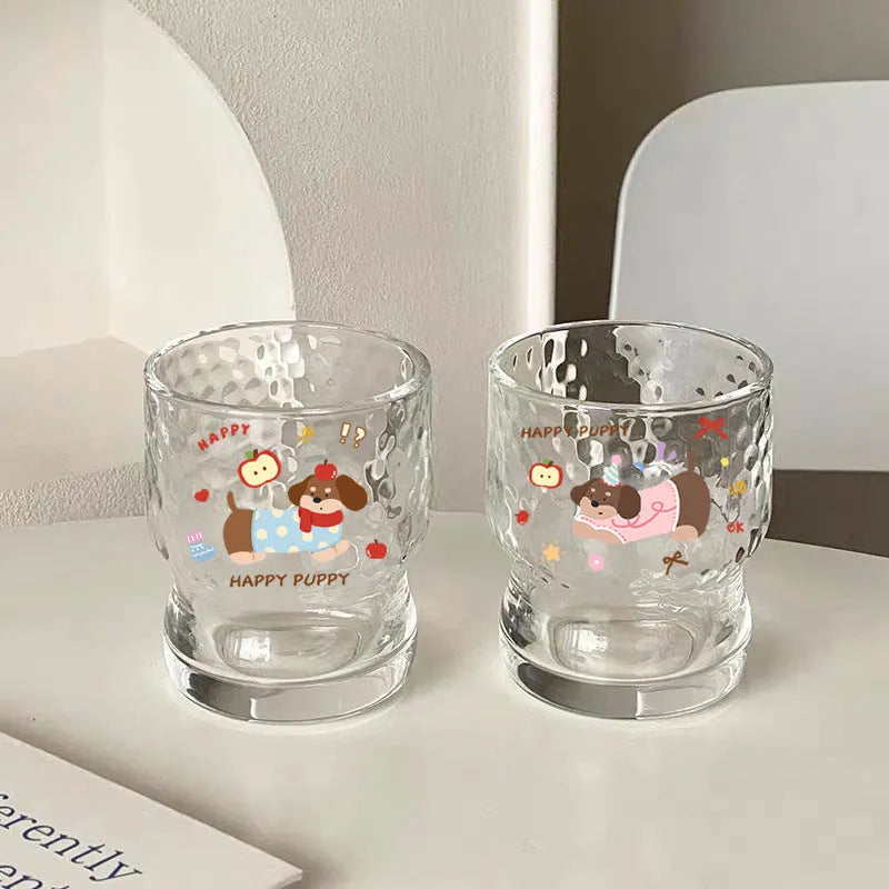 Cartoon 290ml soda lime glass cup with cute blue dog sticker, round shape, single layer, modern simplicity