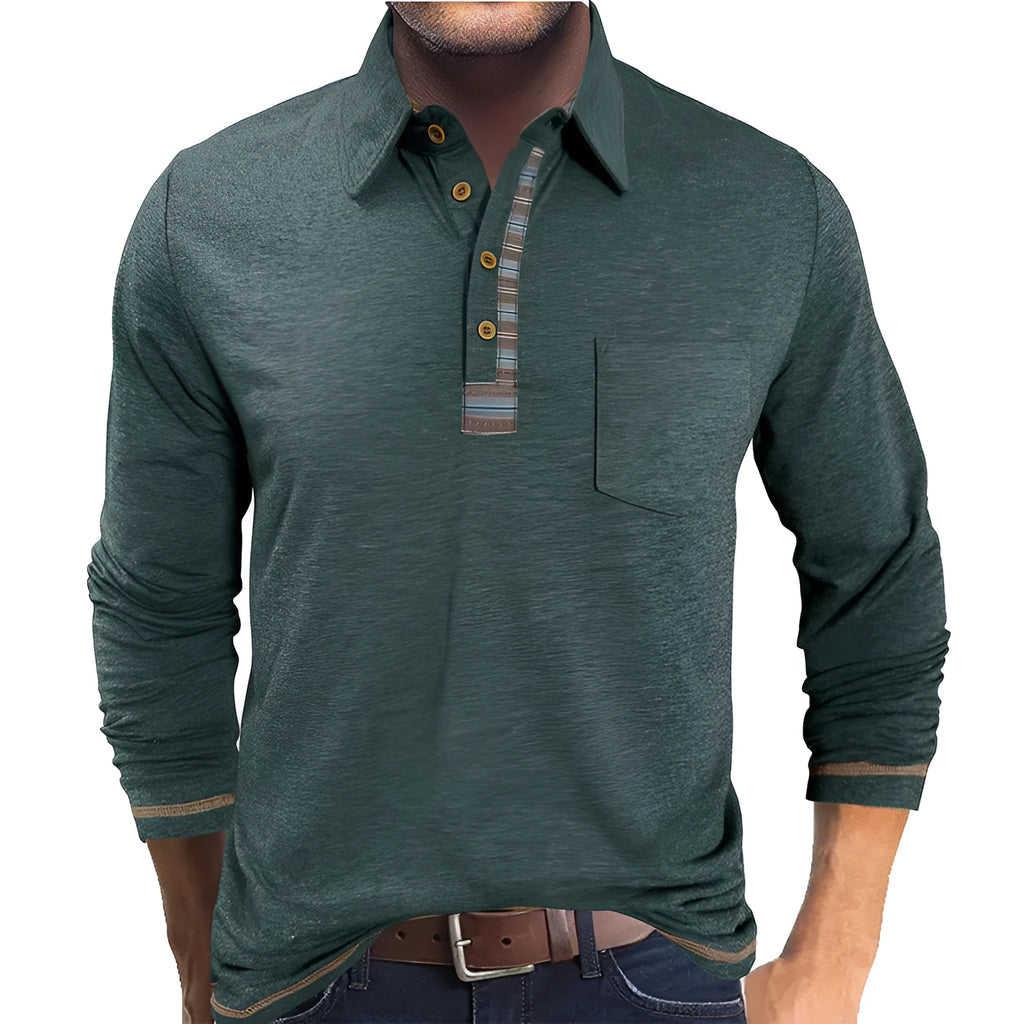 Men's button-down collar long sleeve polo shirt in blue, regular fit, rayon fabric, 210g colour cotton frame