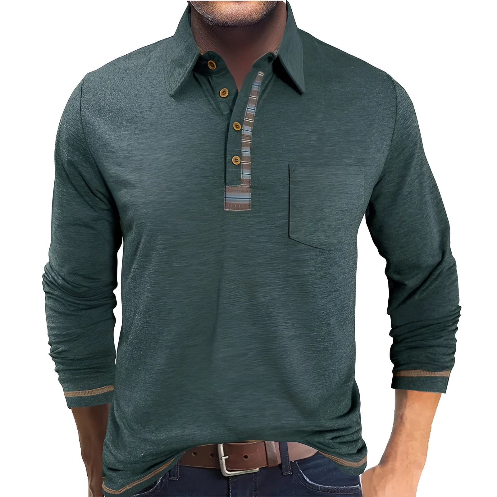 Men's button-down collar long sleeve polo shirt in blue, regular fit, rayon fabric, 210g colour cotton frame
