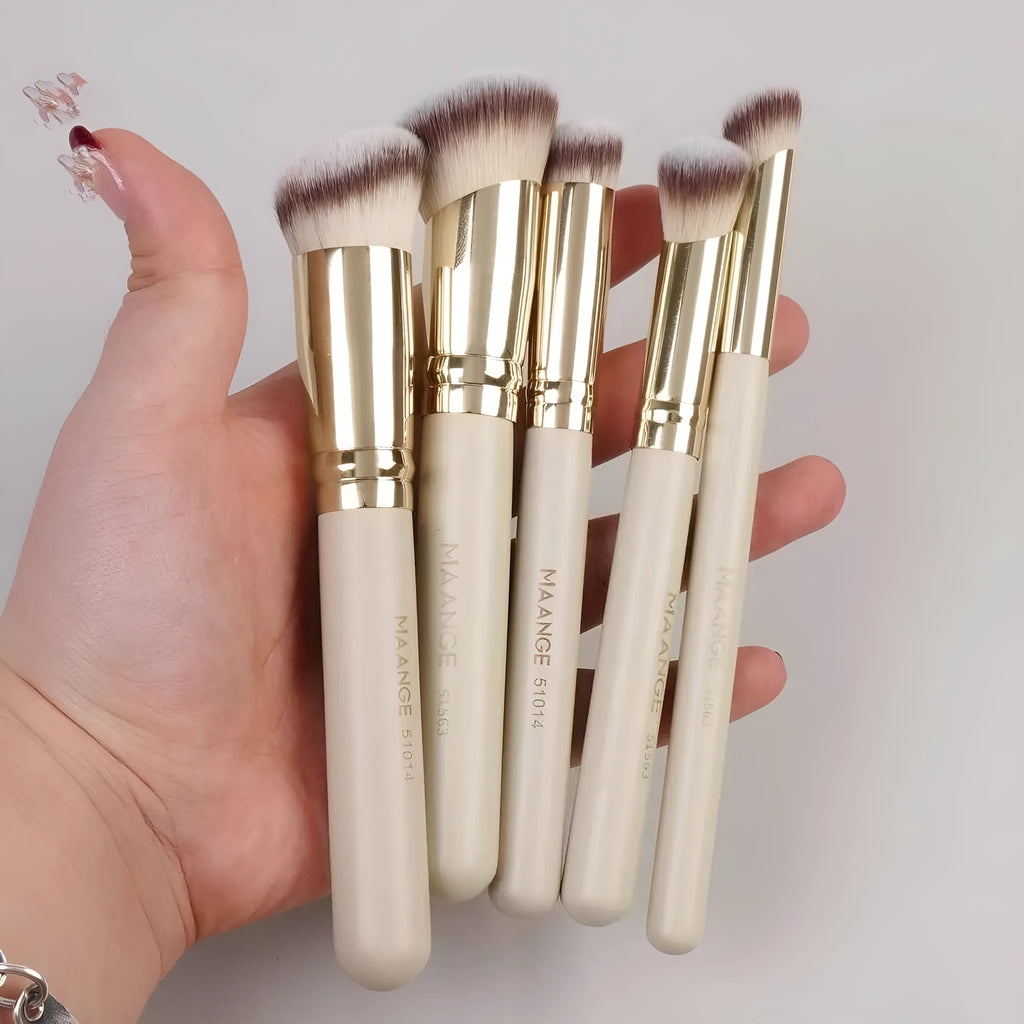 MAANGE five-piece apricot coloured makeup brush set with angled blush brush on a flat surface